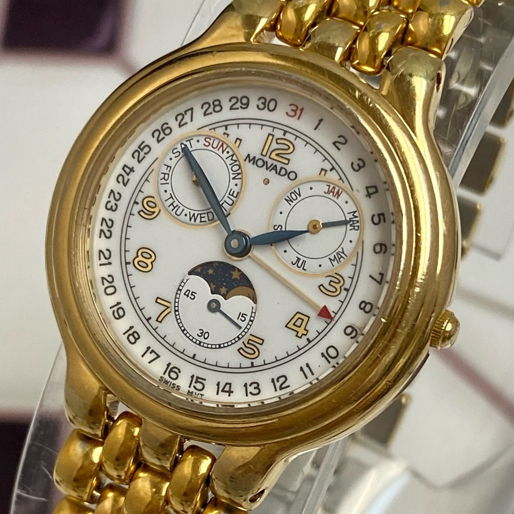 Rare Vintage 80s Movado Swiss Made Triple Date Moon Phase Unisex Watch